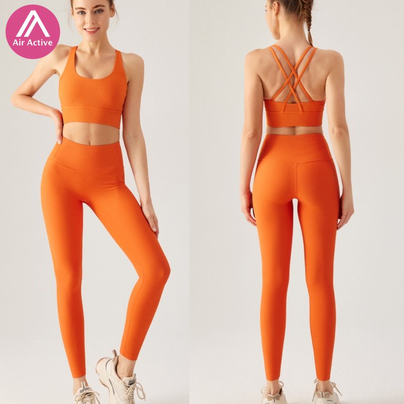 AirActive Leisure Bộ thể thao có gân Quần legging và áo ngực thể thao dây chéo lưng tập yoga
