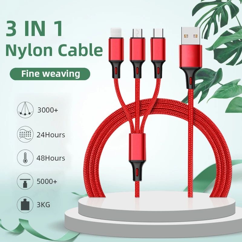 Dây cáp sạc 3 đầu đa năng 2A micro usb type c lightning 3 in 1 bọc dù dài 1m2 | BigBuy360 - bigbuy360.vn