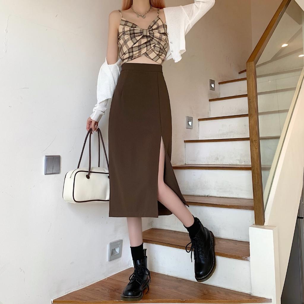 Chân váy Midi xẻ tà dài dáng suông đơn giản cá tính phong cách sang trọng có big size, vải tuyết mưa vitex dày dặn mã072