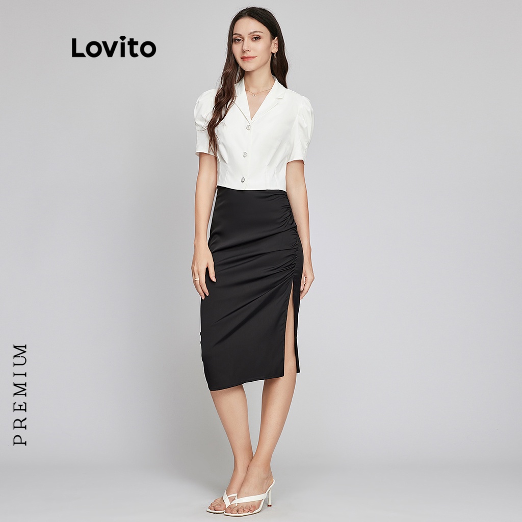 Áo kiểu sơ mi LOVITO tay ngắn phồng có nút cài màu trơn thường ngày dành cho nữ cao cấp L22AD037