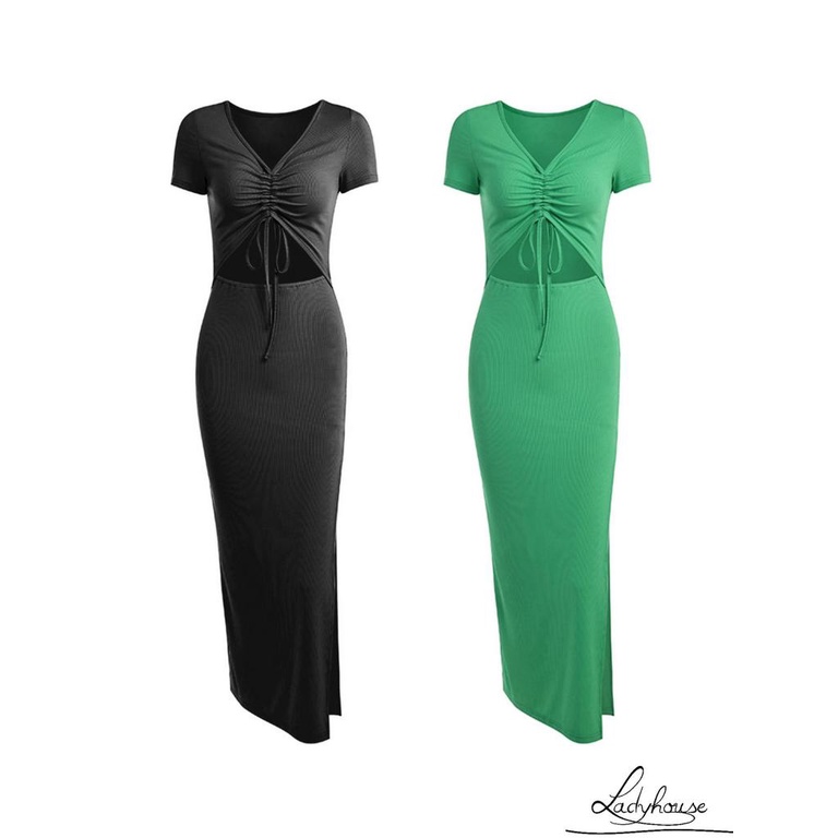 Đầm Dài Dệt Kim Tay Ngắn Cổ Chữ V Màu Trơn Thiết Kế Dây Rút Xẻ Tà Thời Trang Mùa Hè Cho Nữ