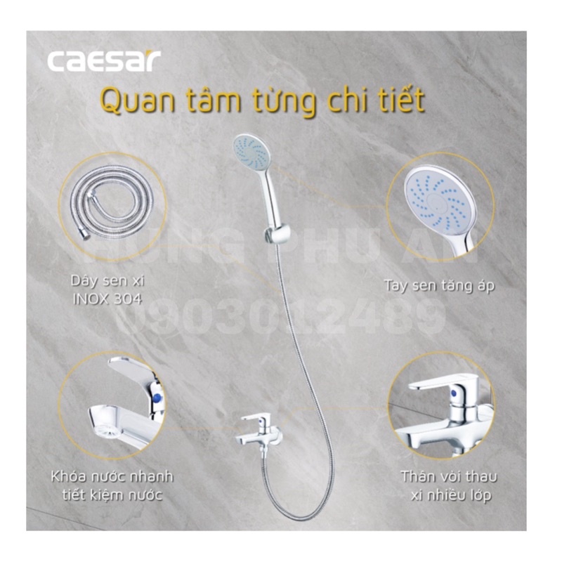 Bộ phụ kiện sen tắm inox Caesar: dây sen dài 1m5, tay sen, gác sen - chính hãng