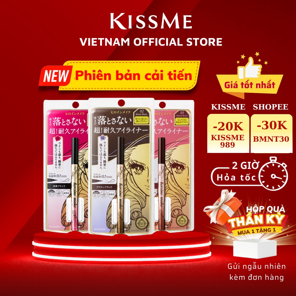 Bút kẻ mắt nước Kissme bản cải tiến siêu bền Heroine Make Prime Liquid Eyeliner nét siêu mảnh 0.1mm