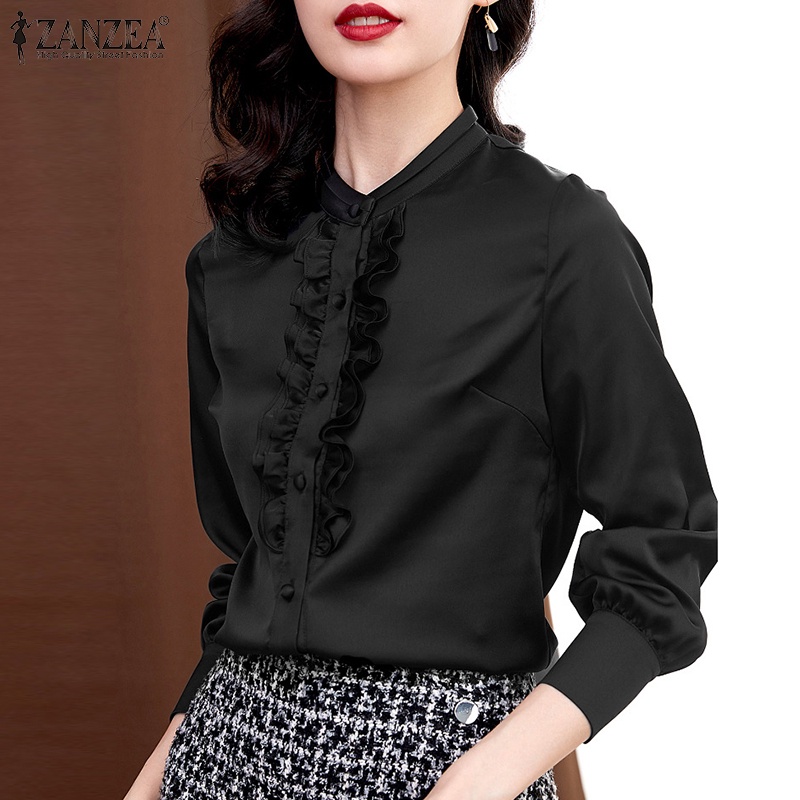 ZANZEA Áo Sơ Mi Nữ Vải Satin Dài Tay Cổ Đứng Phối Bèo Thời Trang
