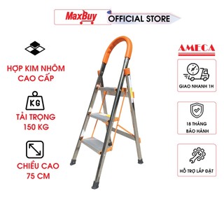 Thang ghế chữ a khung inox bậc nhôm tay vịn gấp gọn Ameca 3 4 bậc bảo hành chính hãng 18 tháng Maxbuy AMG