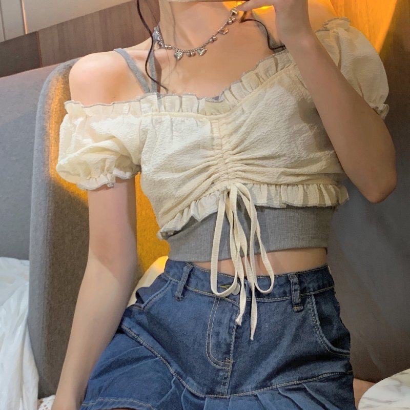 Áo Croptop Tiểu Thư Trễ Vai Kèm Áo Dây Trong