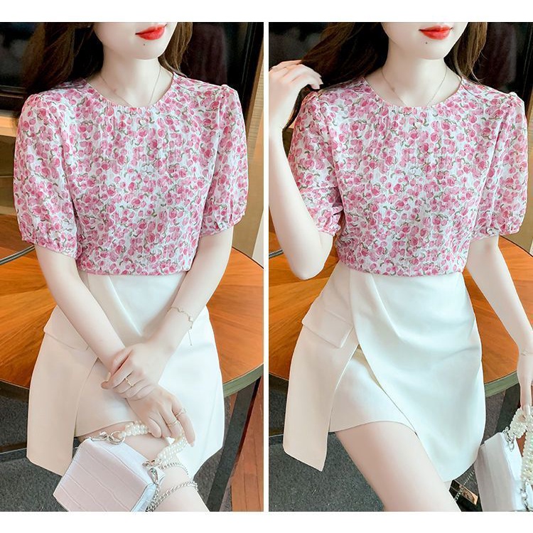 Áo Sơ Mi Chiffon Cổ Tròn Tay Ngắn In Họa Tiết Hoa Phong Cách Hàn Quốc Thời Trang Mùa Hè Cho