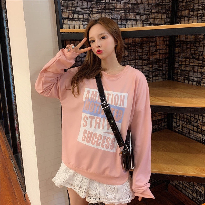 Áo Nỉ Nữ Dài Tay Cổ Tròn In Chữ Thời Trang Hàn Quốc Mới