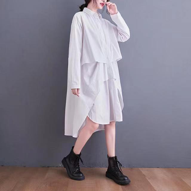 Đầm Sơ Mi Tay Dài Cổ Bẻ Lệch Tà Cỡ Lớn Phong Cách Nhật Bản Thời Trang Mùa Xuân Cho Nữ