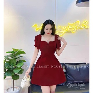 Đầm Váy Nhung Chéo Dây Eo Nơ Vai