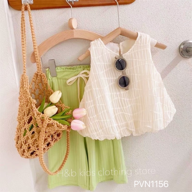 Set áo ren quần tăm đũa xanh cho bé gái