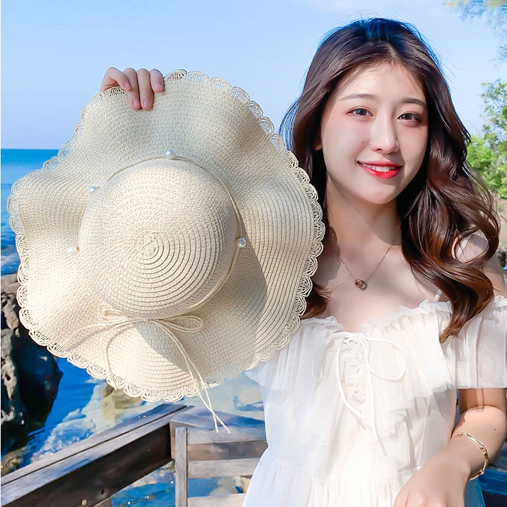 Nón mũ cói nữ đi biển vành bi xoè to tiểu thư xinh đẹp, hình shop chụp thật