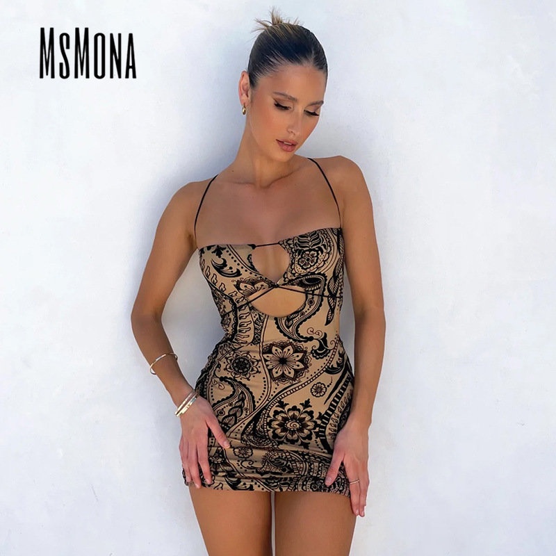 MsMona Đầm Mini Dáng Ôm Không Tay Hở Vai In Họa Tiết Thời Trang 2023 Dành Cho Bạn Nữ