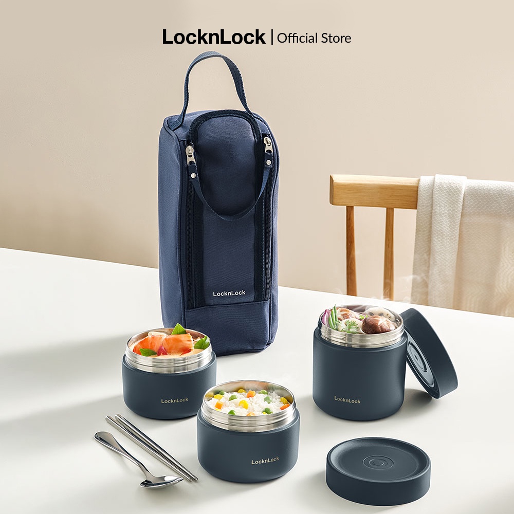 Bộ hộp cơm giữ nhiệt Lock&Lock Pump Vacuum Lunch Box (300ml*2, 500ml*1, bộ đũa và thìa, túi) LHC8052S01