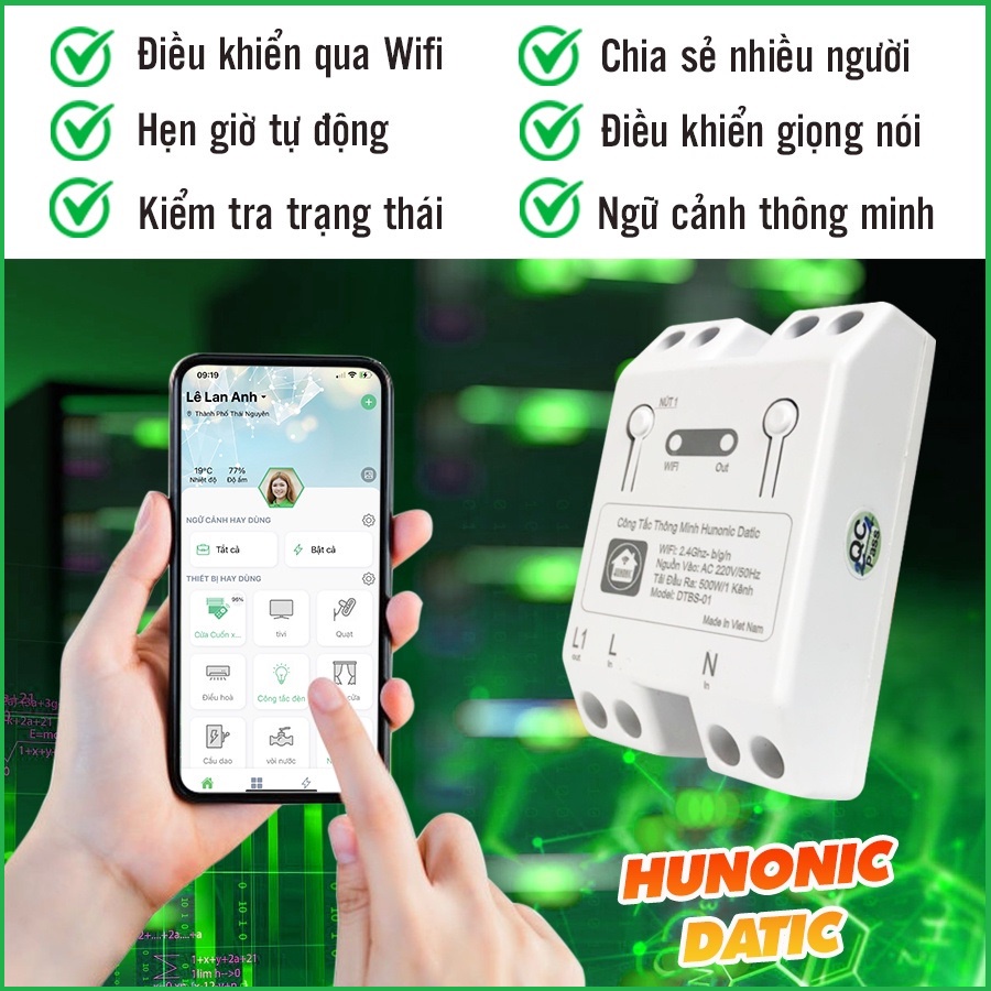 Công Tắc Thông Minh Wifi Hunonic Datic 1 Kênh 500W Điều Khiển Thiết Bị Từ Xa Qua Điện Thoại, Bảo Hành 6 Tháng 1 Đổi 1.