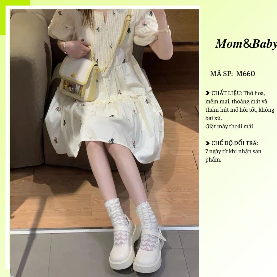 Đầm Bầu Váy Bầu Hoa Nhí Xinh Xắn Xếp Ly Thời Trang Thiết Kế M660 Mặc Đi Chơi Đi Làm Mom and Baby