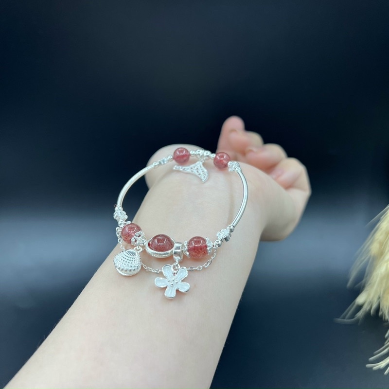 Vòng Tay Phong Thuỷ Dâu Tây Hồng phối Bạc 925 (hợp mệnh thổ ,hỏa )
