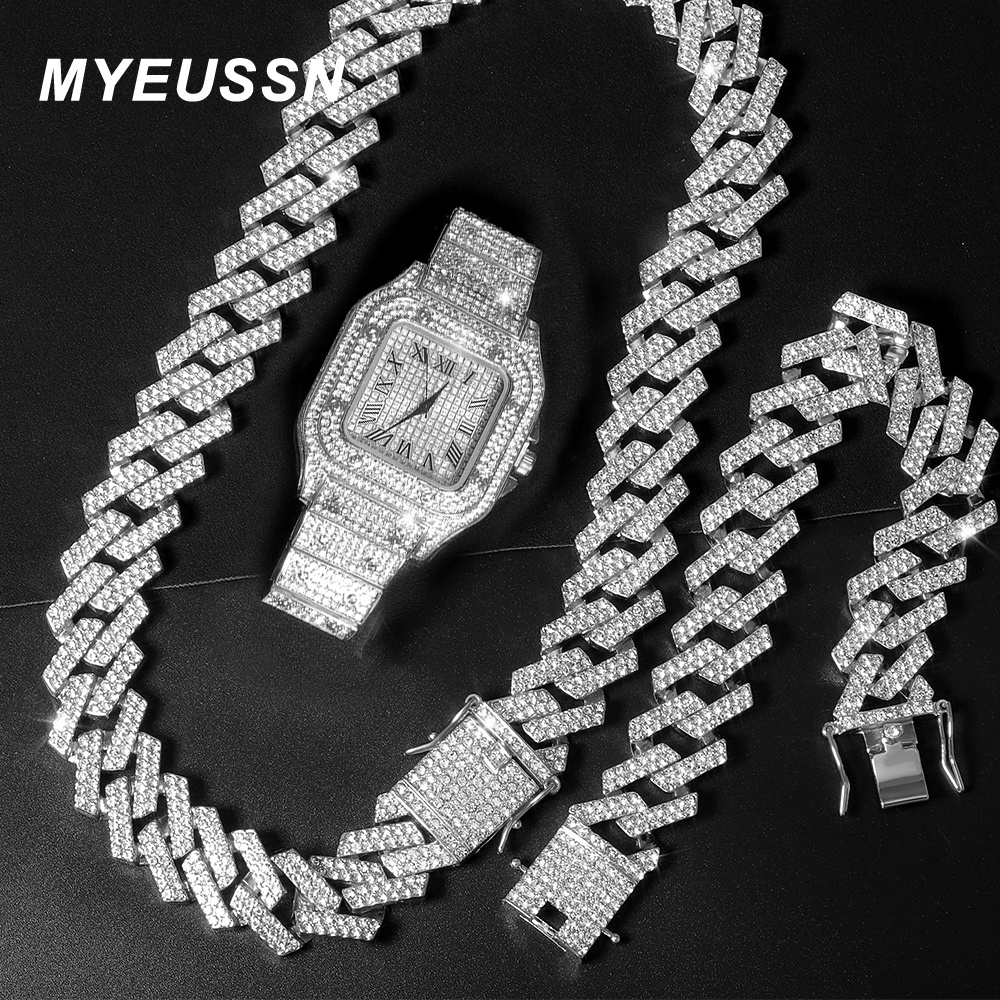 Bộ Vòng cổ + Đồng Hồ + Vòng Tay Phong Cách Hip Hop Miami Curb Curb 2023 Rộng 20MM Bằng Bạc Đính Đá Thời Trang Cho Nam