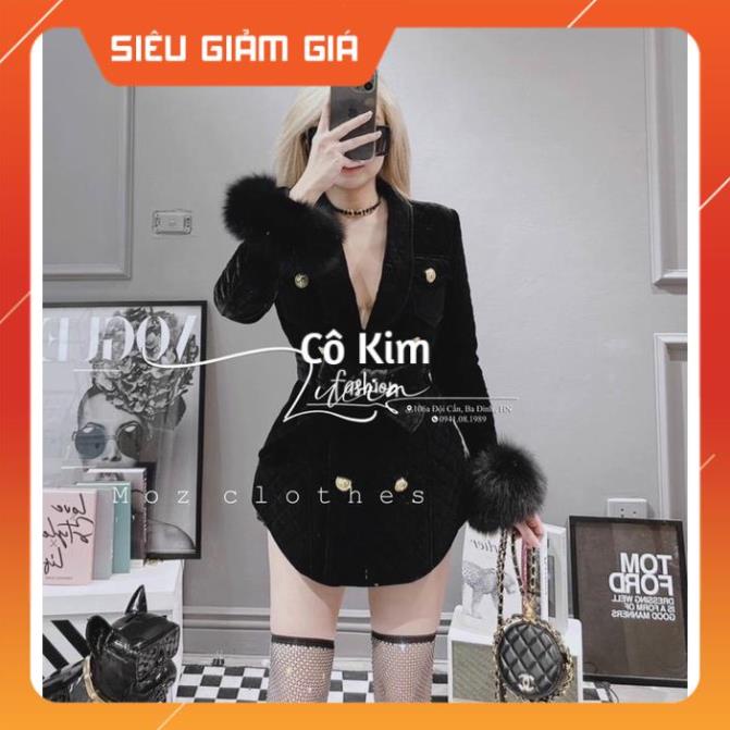 Áo vest nhung trần trám tay lông kèm đai cúc huy hiệu - Cô Kim 0104