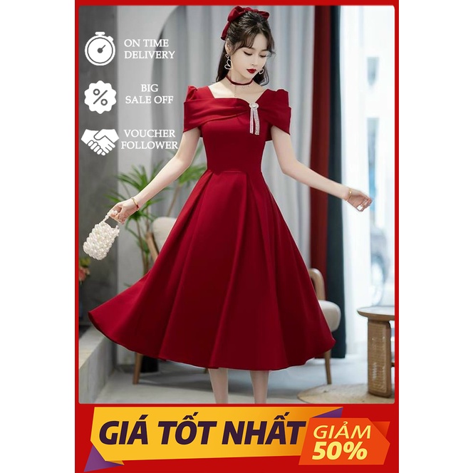 Đầm Váy Nữ Chất Vải Nhung Cứng Dáng Xoè Dài Đính Phụ Kiện Tông Màu Đỏ Cuốn Hút Thiết Kế Sang Chảnh Đi Làm Công Sở,Dạ Hội