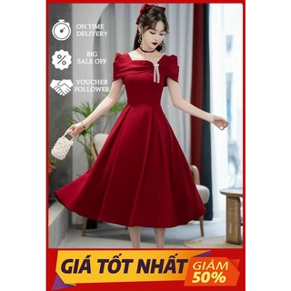 Đầm Váy Nữ Chất Vải Nhung Cứng Dáng Xoè Dài Đính Phụ Kiện Tông Màu Đỏ Cuốn Hút Thiết Kế Sang Chảnh Đi Làm Công Sở,Dạ Hội