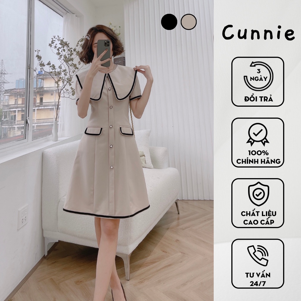 Váy hai biên cúc ngọc cổ bản to CUNNIE V270 dáng dài hai màu kem, đen sang chảnh đi học, đi làm, đi chơi