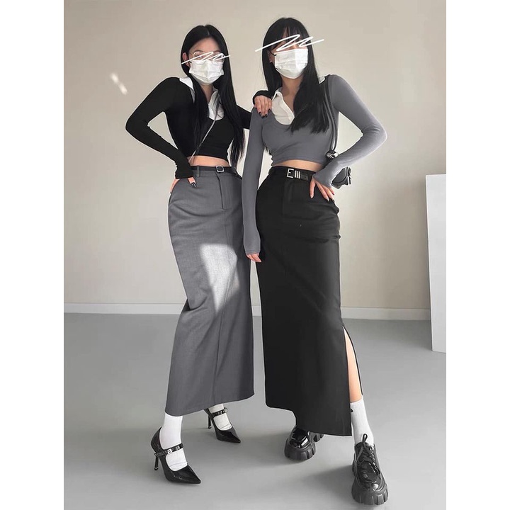 Chân Váy Vải Bút Chì Midi và Áo Croptop Rib Dài Tay Cổ Somi Eclipse Clothing