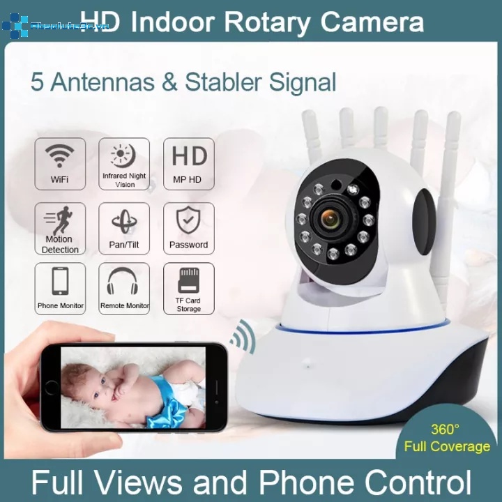Robot Camera 1080P HD 5 IP Wifi Với Ăng Ten Xoay 360 Độ° Tầm Nhìn Ban Đêm Hồng Ngoại Xoay Được