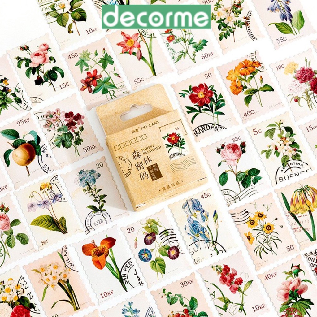 Sticker Nhãn dán Tem thư Hình hoa kiểu VintageMOCARD 46 miếng DecorMe dùng trang trí sổ làm thiệp bullet journal STKTH