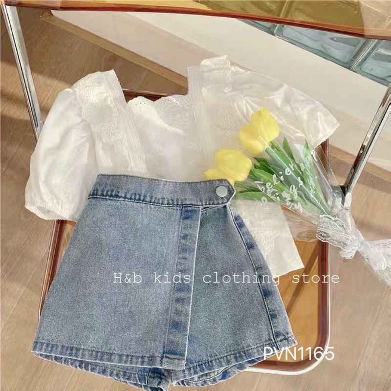 Set áo ren hoa cánh tiên chân quần jean bò mềm giả váy siêu cưng cho bé 9-20kg (1-5T)