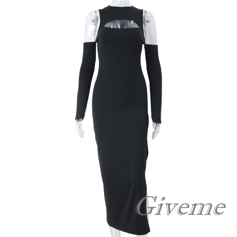 Đầm Body Tay Dài Cổ Tròn Màu Đen Trơn Thiết Kế Khoét Vai Quyến Rũ