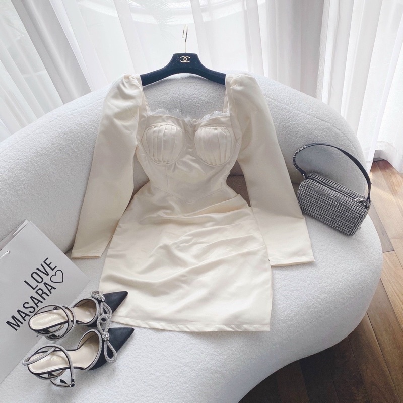 ĐẦM KEM CÚP NGỰC PHỐI REN TAY DÀI BODY