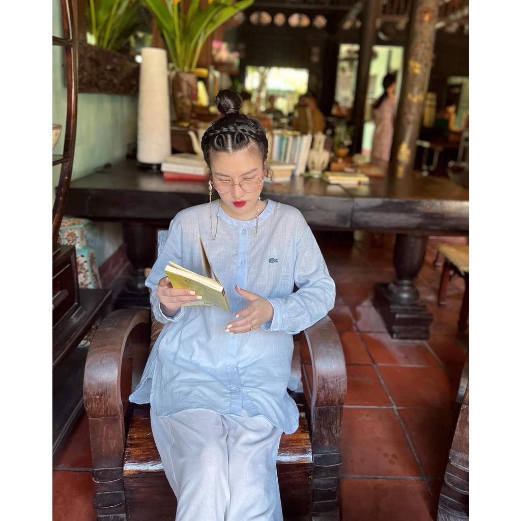 Áo sơ mi cổ tàu thêu hình cá sấu ( ảnh thật )