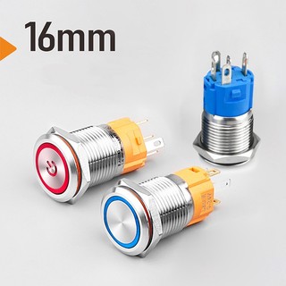 Nút công tắc nhấn nhả, Nhấn tự khóa có đèn LED báo, Vỏ INOX chống nước, Chịu nhiệt 16mm