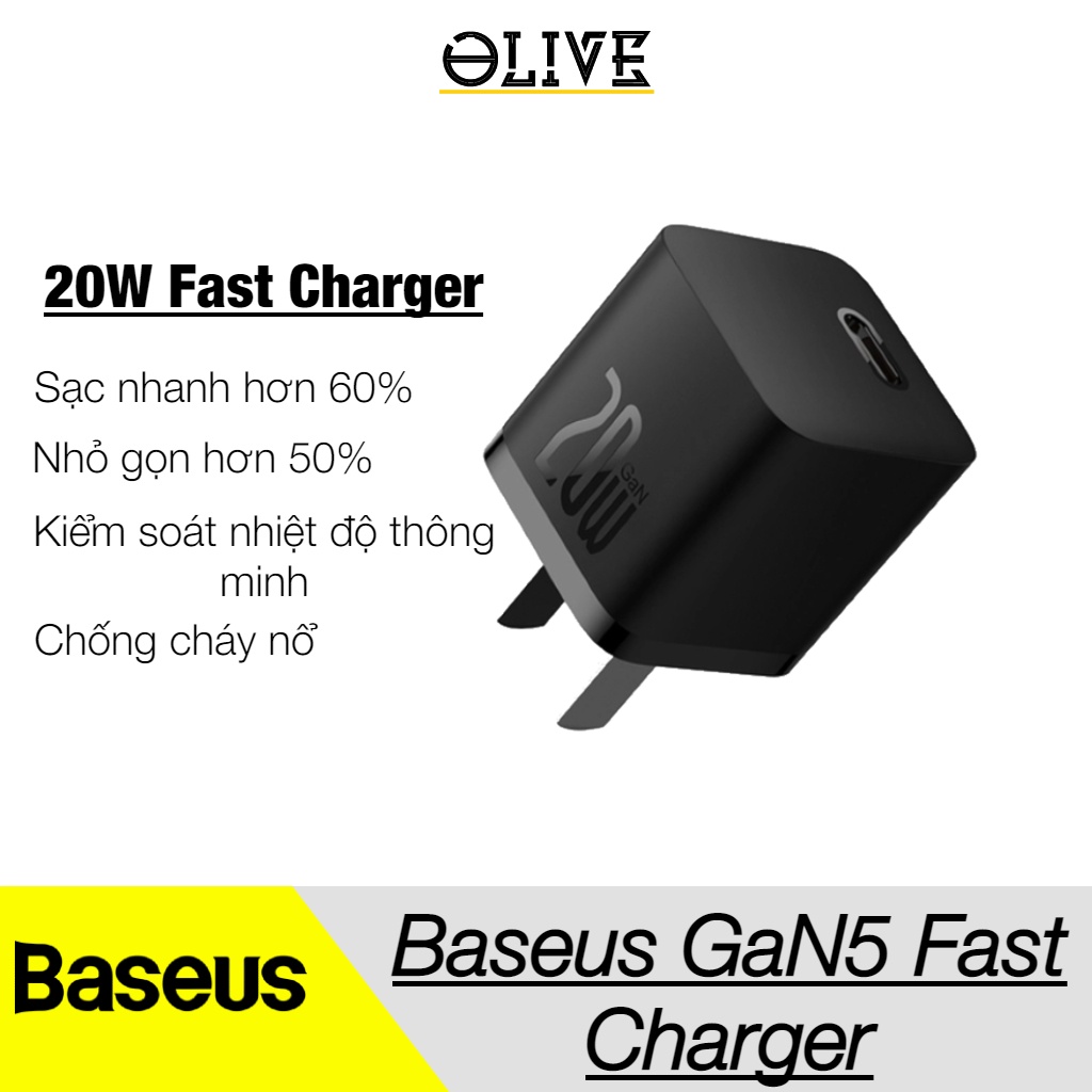 Củ Sạc Nhanh 20W Baseus GaN5 Fast Charger 1C cho iPh.one/Samsung (PD/ QC Multi Quick Charge Support, Smart Protect)