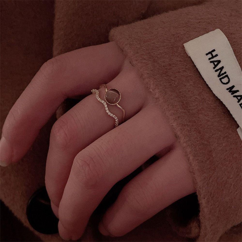 LOMBARD Nhẫn Hở Hai Lớp Mắt Mèo Lấp Lánh Phong Cách Pháp Tinh Tế Có Thể Điều Chỉnh Cho Nữ