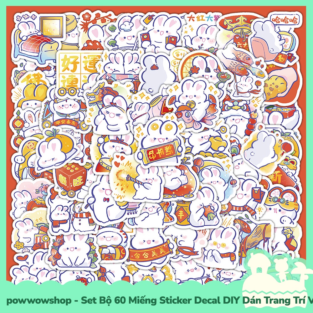 [Sẵn VN - Hỏa Tốc] Set Bộ 60 Miếng Sticker DIY Chống Thấm Nước Dán Trang Trí Vật Dụng Phong Cách Hoạt Hình Thỏ Tết