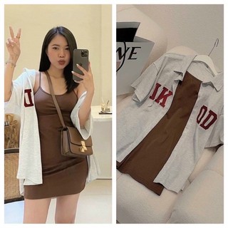 Sét đầm 2 dây nâu kèm khoác form rông xám thêu chữ