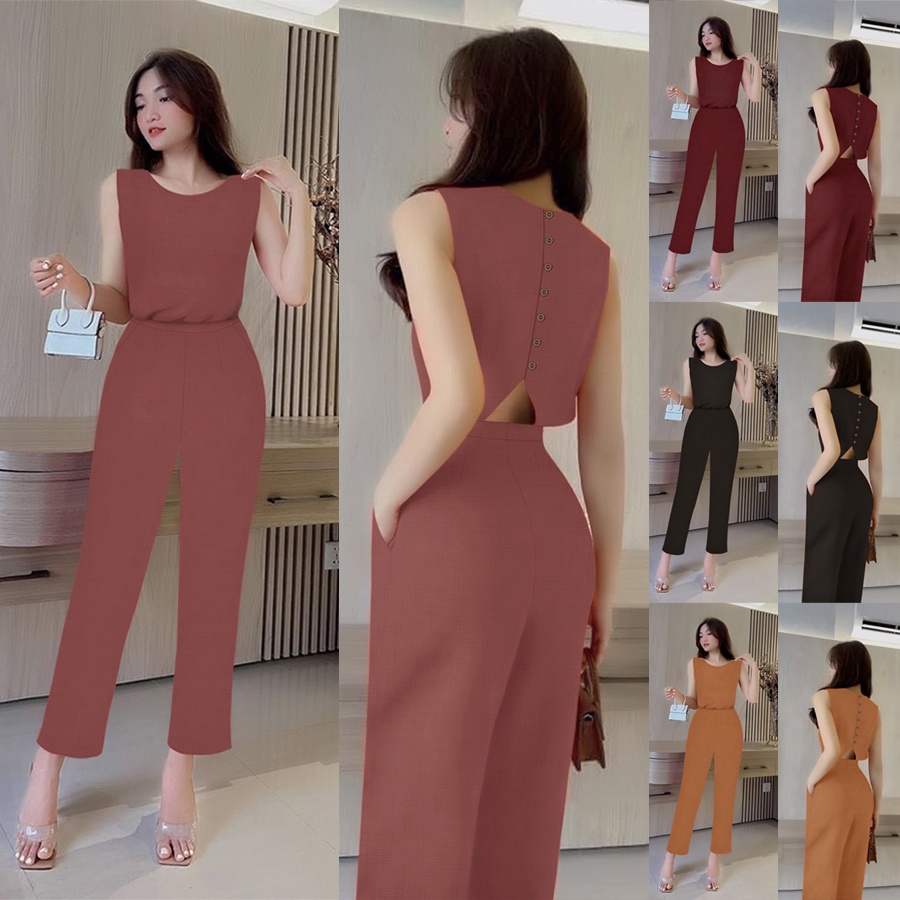 Set đồ dài nữ nguyên bộ quần dài suông , áo cổ thuyền sát nách khoét lưng V phối nút xinh xắn TJ1211