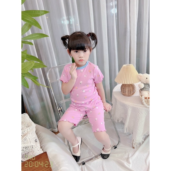 Bộ Áo Cộc Tay Viền Nhún Cotton Mềm Hoạ Tiết Bông Hoa Cho Bé Gái - 5 màu
