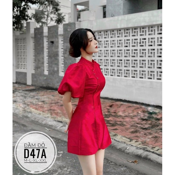 BIGSIZE Đầm đỏ tay phồng D47A