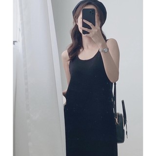 Váy len tăm, đầm len tăm cổ lọ cổ tròn dáng dài suông Đầm Đen Midi - immin.h