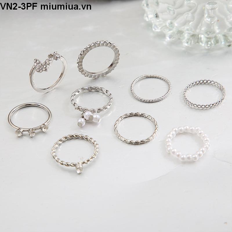 Set 9 nhẫn bạc ngọc trai pha lê thanh lịch Bộ nhẫn mỏng rỗng cho nữ phụ kiện trang sức