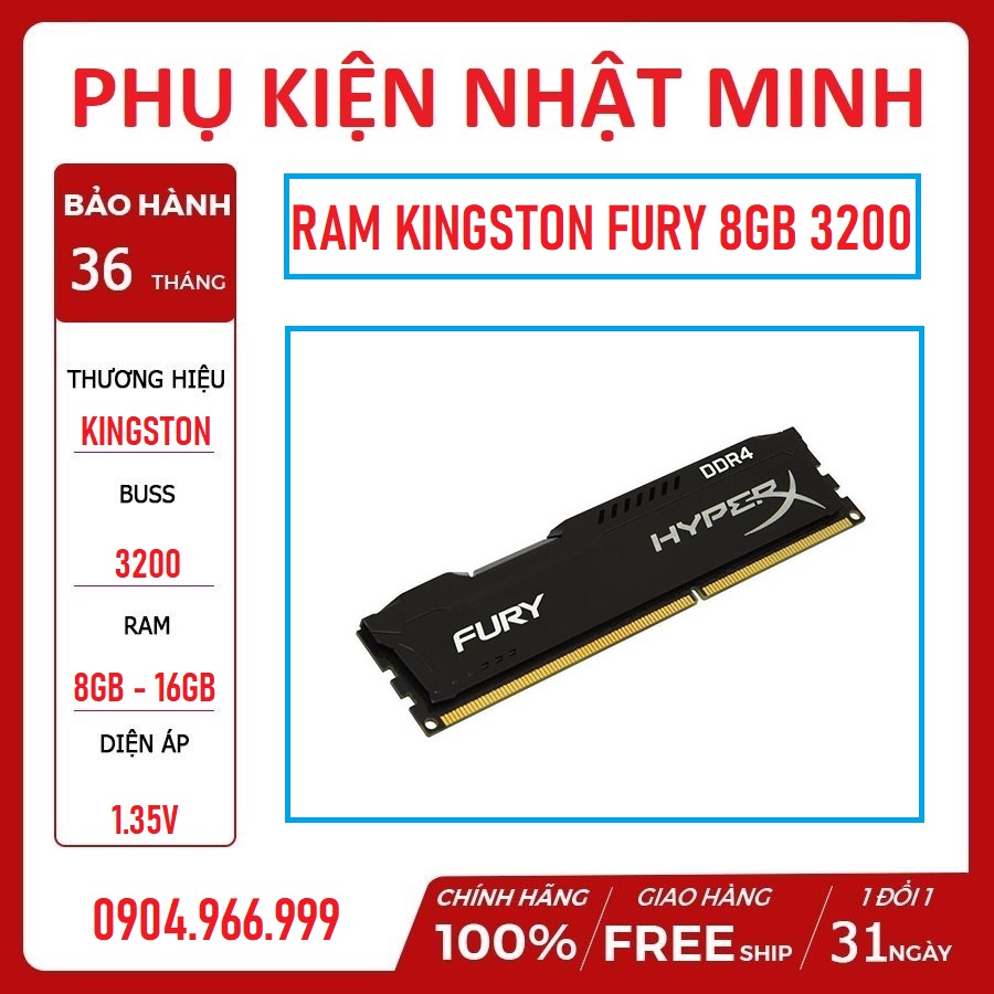 [HÀNG XỊN TEM VSP] Ram PC Kingston HyperX Fury Black 8GB bus 3200 DDR4 - Đẳng cấp đến từ thương hiệu BH 3 NĂM