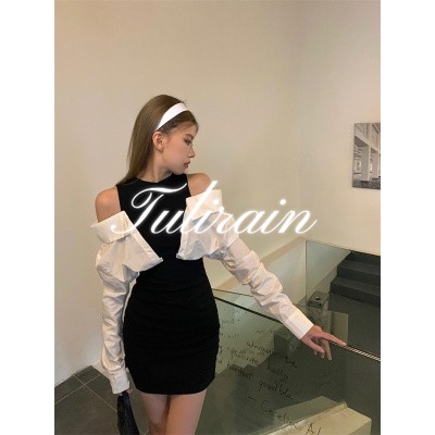 Tulirain Áo Sơ Mi Giả Hai Mảnh Tay Dài Hở Vai + Chân Váy Ngắn Thời Trang Mùa Hè Cho Nữ