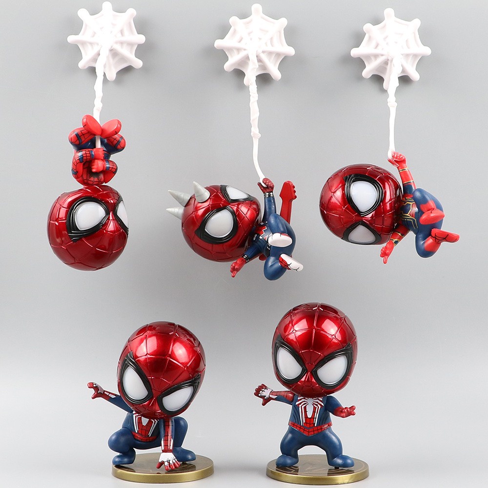 Set 5 Mô Hình Người Nhện Spider Man Bằng Nhựa , Đầu lò xo, Hút nam châm