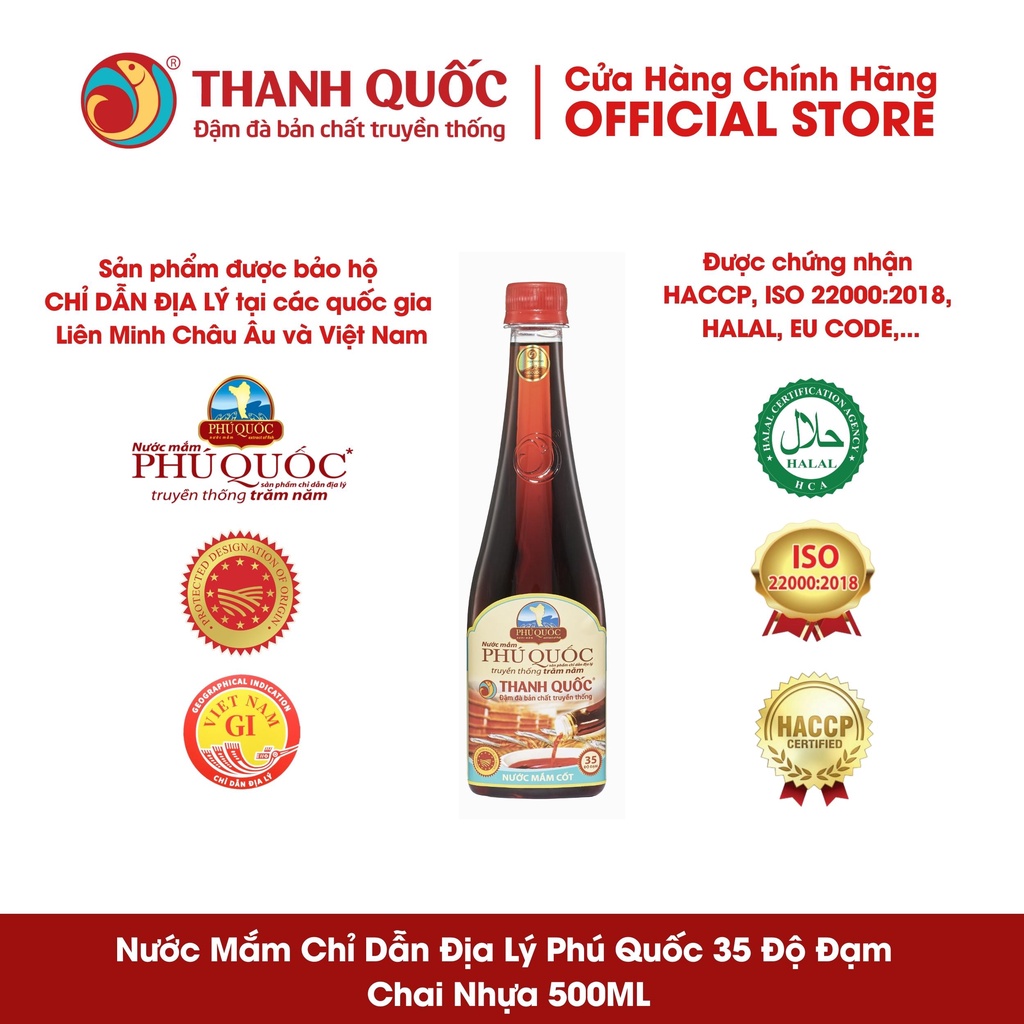 Nước mắm chỉ dẫn địa lý Phú Quốc - Thanh Quốc 35N, chai nhựa 500ml