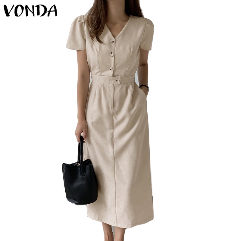 Đầm dài VONDA tay ngắn cổ chữ V màu trơn phong cách Hàn Quốc thời trang mùa hè dành cho nữ