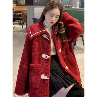 Ảnh thật 4 hình cuối-2WKD.Áo khoác đỏ giả lông cừu khuy sừng thời trang Ulzzang