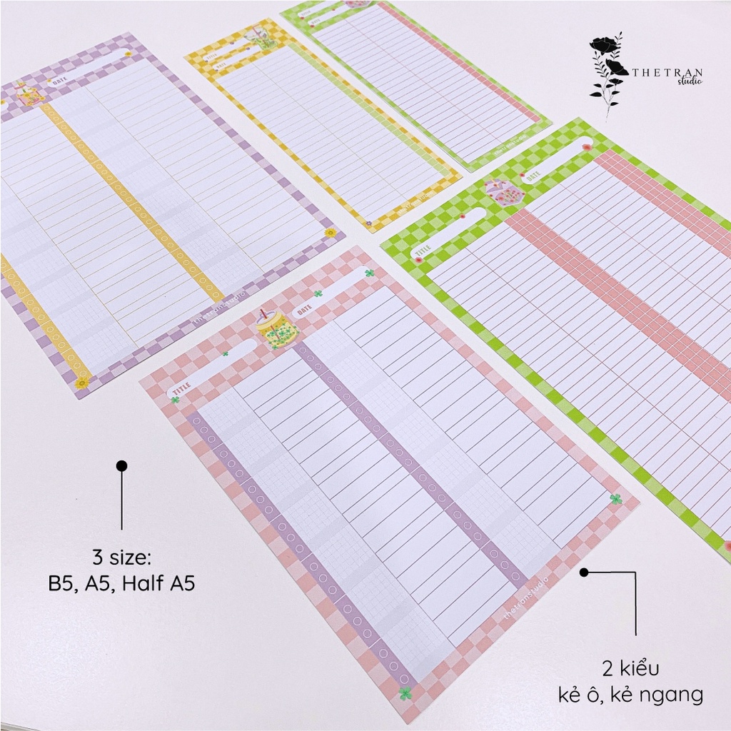 Bộ 8 tờ giấy ghi chú học từ vựng B5, A5, Half A5 kẻ caro kẻ ngang | blooming vocabulary sheet | thetranstudio